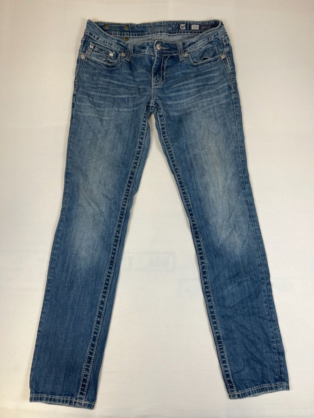 Miss Me Women 30 Skinny Jeans Blue Fleur De Lis Rhinestone